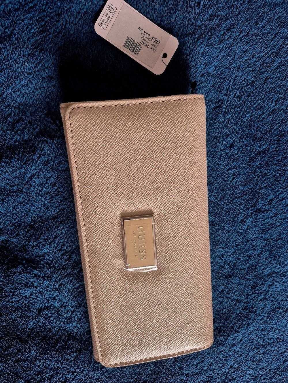 Guess Beige Textured Saffiano Wallet with Metal Logo Plaque